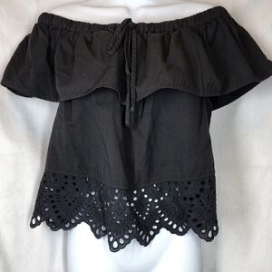 Madewell Black Eyelet Balcony Off-the-Shoulder Top Cotton Modal Medium